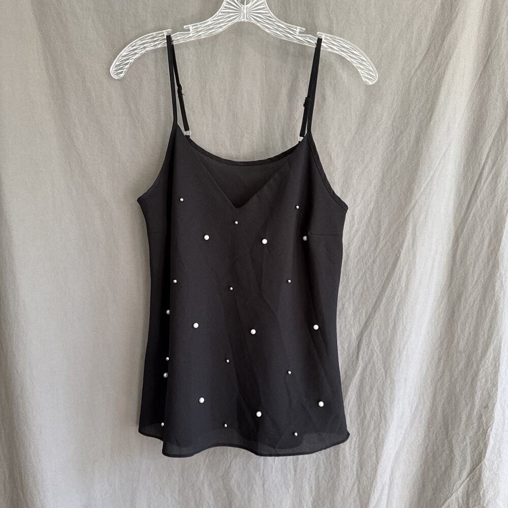 Black Camisole Tank Top Pearl‎ Embellished Sheer Cami Minimalist Y2K Coquette M